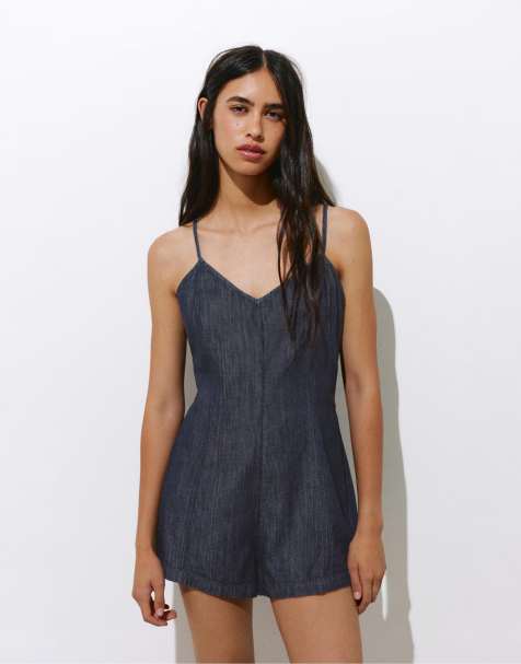 Pull&Bear – Marinblå playsuit i denim med smala axelband - view 1