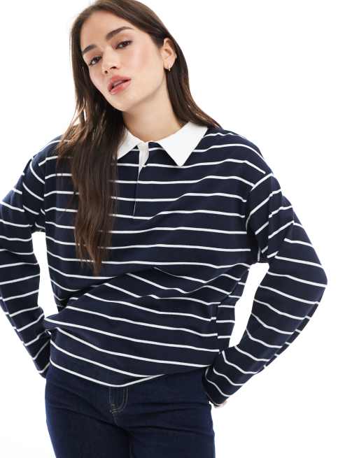 Pull&Bear – Marinblå, randig rugbytopp med långa ärmar, 3 av 4