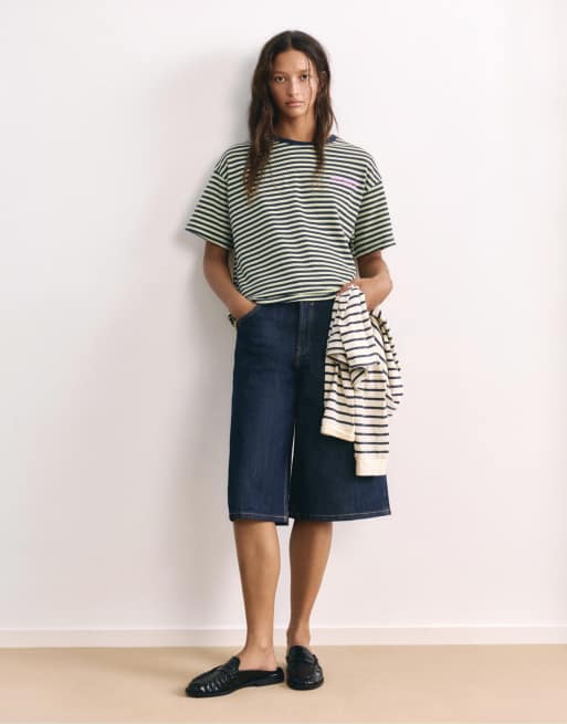 Pull&Bear – Marinblå, randig t-shirt med text, 4 av 7