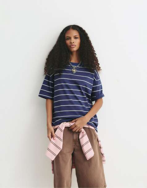 Pull&Bear – Marinblå, randig t-shirt - view 1