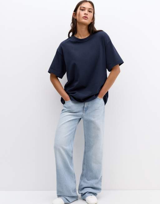 Pull&Bear – Marinblå t-shirt i oversize
