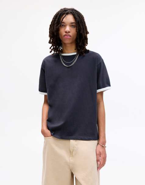 Pull&Bear – Marinblå t-shirt med kontrasterande, ribbade muddar - view 1