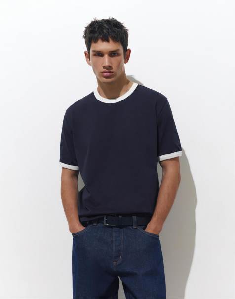 Pull&Bear – Marinblå t-shirt med kontrastfärgade detaljer - view 1