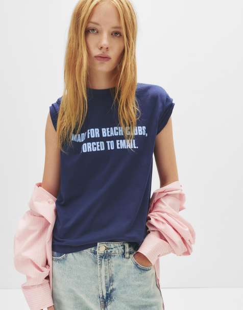Pull&Bear – Marinblå t-shirt med text - view 1