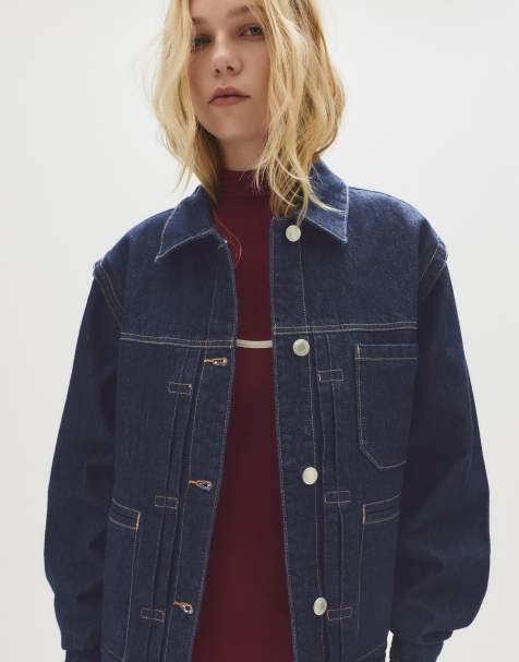 Pull&Bear – Marinblå truckerjacka i denim med kantdetalj - view 1