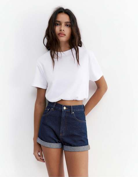 Pull&Bear - Marineblå denimshorts med opsmøg i mom-pasform - view 1