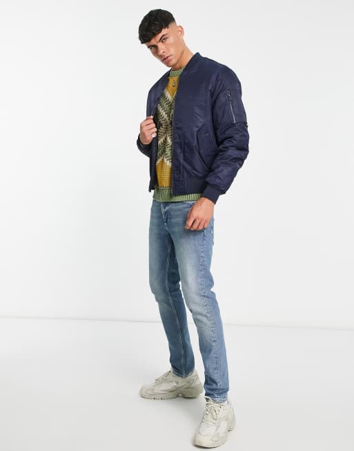 Pull&Bear - Marineblå, foret bomber-jakke