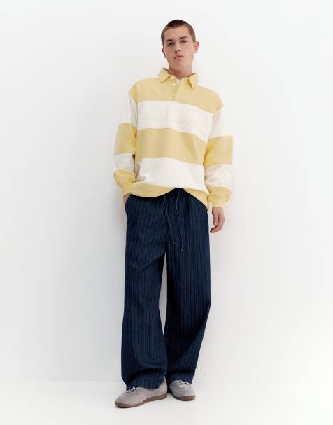 Pull&Bear - Marineblå joggingbukser i denim med striber - view 1