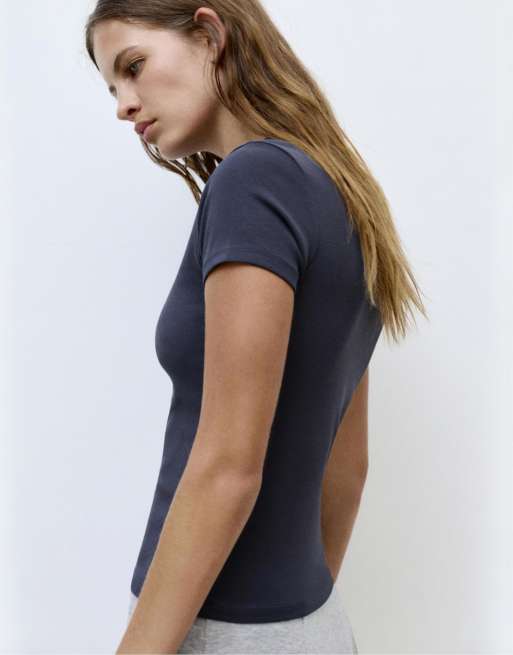 Pull&Bear - Marineblå kortærmet og tætsiddende T-shirt, 3 af 7