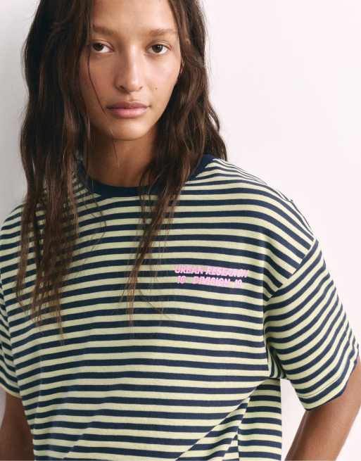 Pull&Bear - Marineblå og stribet T-shirt med tekst, 3 af 7