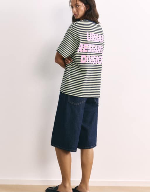 Pull&Bear - Marineblå og stribet T-shirt med tekst, 5 af 7
