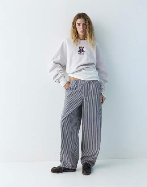 Pull&Bear - Marineblå stribede barrel-bukser - view 1