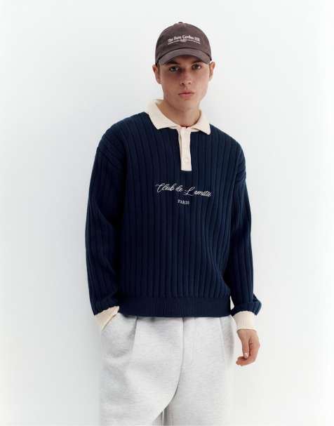 Pull&Bear - Marineblå striktrøje med polokrave - view 1