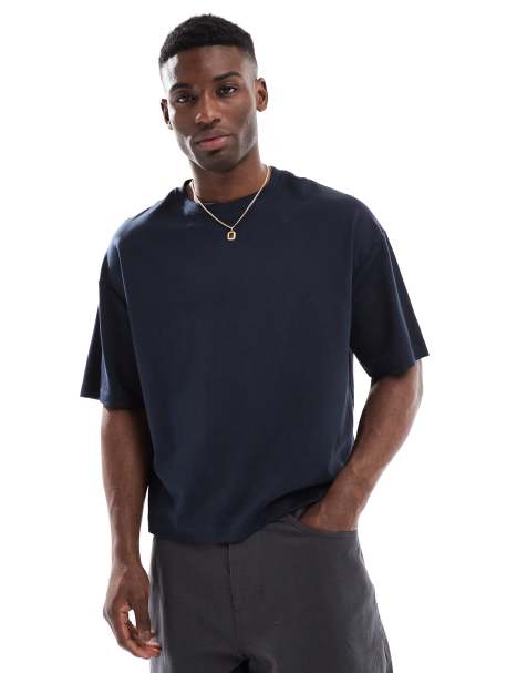Pull&Bear - Marineblå T-shirt med interlock-syninger i firkantet pasform - view 1