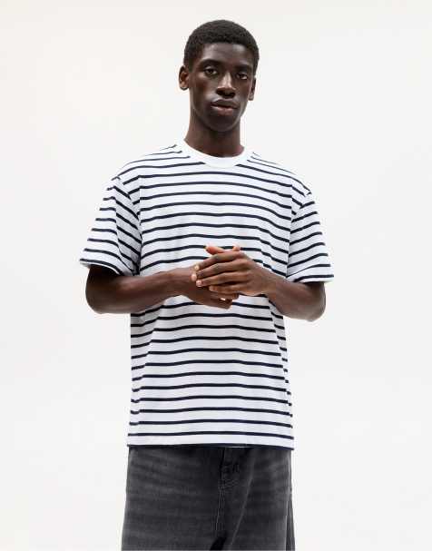 Pull&Bear - Marineblå T-shirt med striber og korte ærmer - view 1