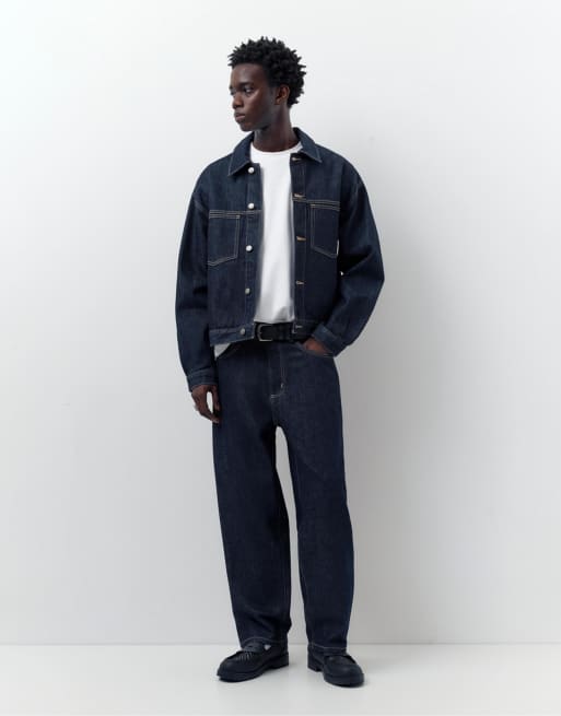 Pull&Bear - Marineblå trucker-jakke i denim, 2 af 4