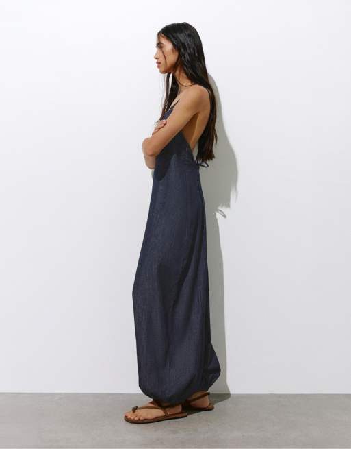 Pull&Bear - Marineblåt sarouel-jumpsuit med stropper og lange bukser, 4 af 4
