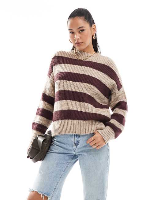 Pull&Bear marl effect – Gestreifter Strickpullover in Burgunderrot und Sand mit meliertem Effekt