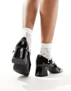 Pull&Bear mary jane double strap heeled shoe in black