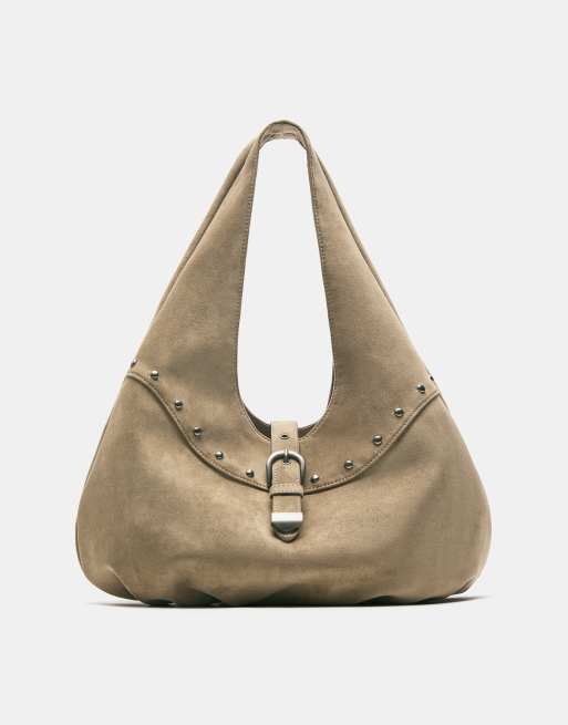 Pull&Bear - Maxi borsa color sabbia con borchie e fibbia