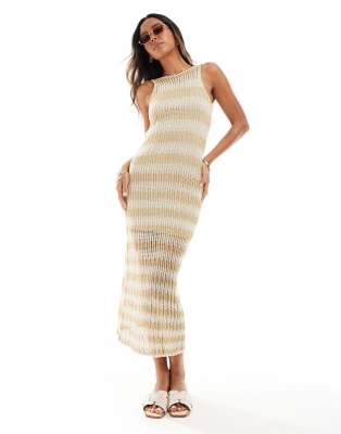 Pull&Bear – Maxikleid aus Häkelstrick mit Streifen in Ecru - view 1