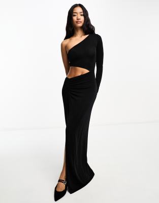 Pull & Bear - Maxikleid in Schwarz mit One-Shoulder-Träger und Zierausschnitt