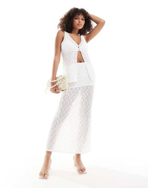 Pull&Bear - Maxirok van getextureerd kant in wit, deel van co-ord set - view 1