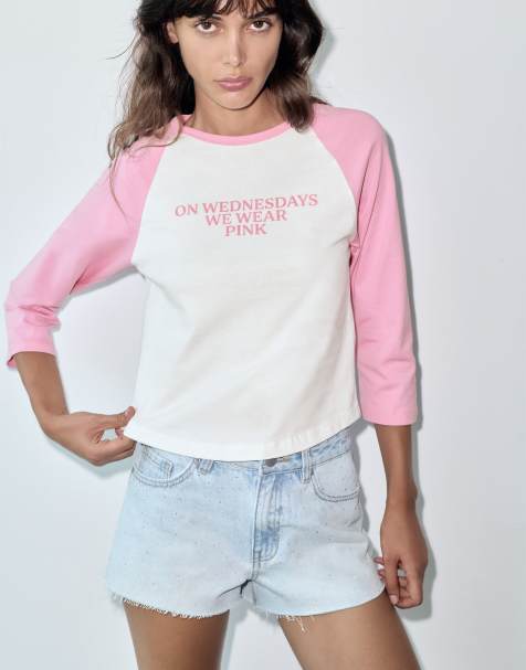 Pull&Bear Mean girls raglan sleeve t-shirt in ice - view 1