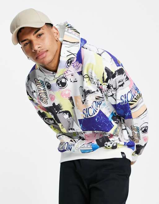 Pull&Bear – Mehrfarbiger Kapuzenpullover mit Mangaprint, Kombiteil