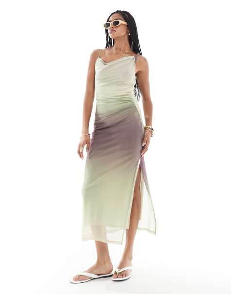Pull&Bear – Mehrfarbiges Netzstoff-Midikleid mit Farbverlauf und Wasserfallausschnitt - view 1