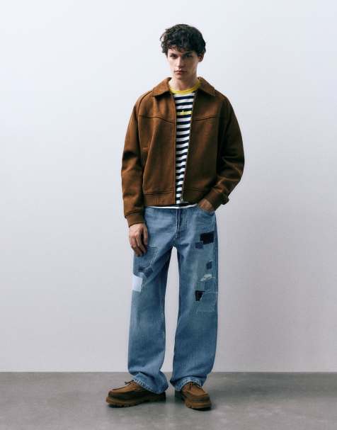 Pull&Bear – Mellanblå, baggy cargojeans med lappade detaljer - view 1