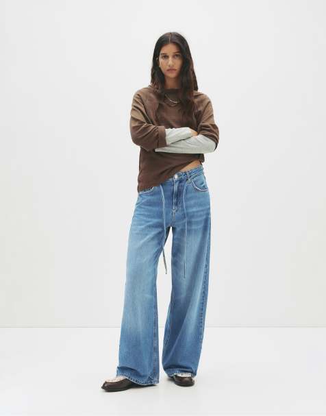 Pull&Bear – Mellanblå, baggy jeans med dragsko - view 1