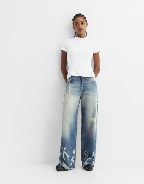 Pull&Bear – Mellanblå, blekta, baggy jeans - view 1