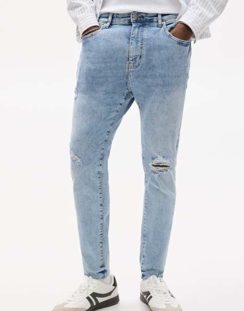 Pull&Bear – Mellanblå jeans med morotsben och revor - view 1