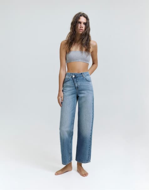 Pull&Bear – Mellanblå jeans med raka ben och korsat midjeband - view 1