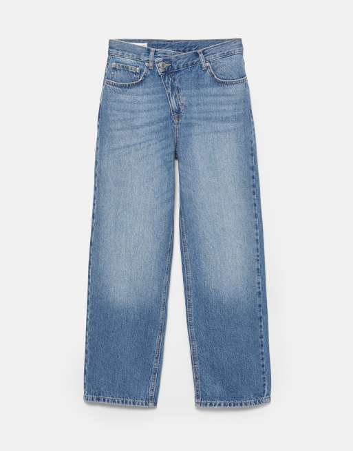 Pull&Bear – Mellanblå jeans med raka ben och korsat midjeband, 5 av 6