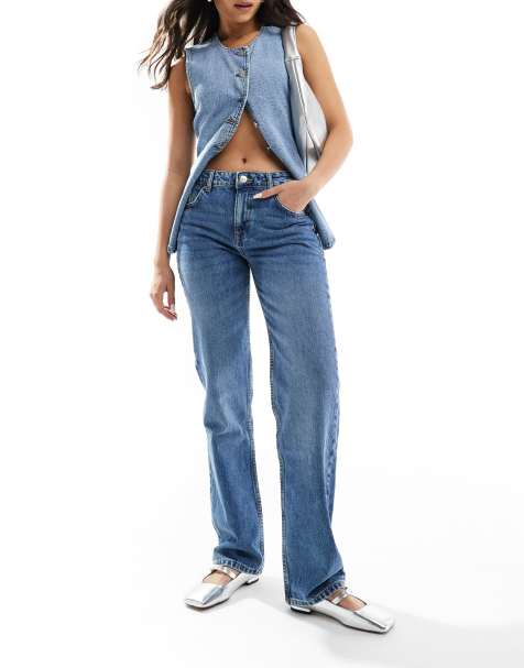 Pull&Bear – Mellanblå jeans med raka ben och medelhög midja - view 1