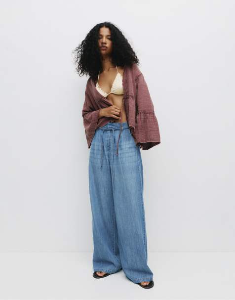 Pull&Bear – Mellanblå jeans med vida ben och dragsko - view 1