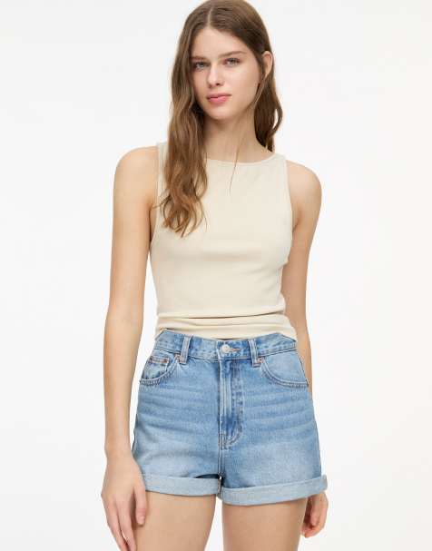 Pull&Bear – Mellanblå jeansshorts i mom-modell med uppvikt kant - view 1