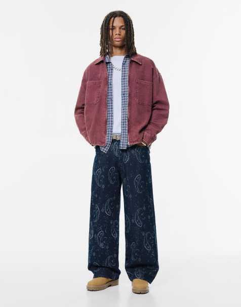 Pull&Bear – Mellanblå, paisleymönstrade jeans med vida ben - view 1