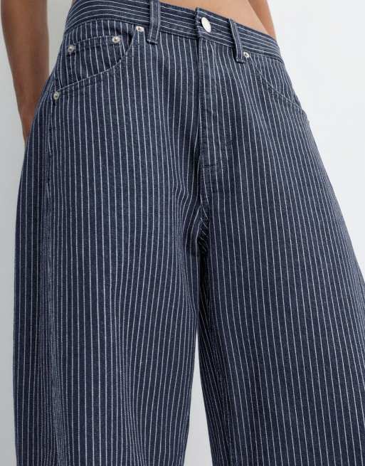 Pull&Bear – Mellanblå, randiga ballongjeans med dekorativa sömmar, 3 av 4
