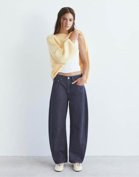 Pull&Bear – Mellanblå, randiga jeans med ballongben - view 1
