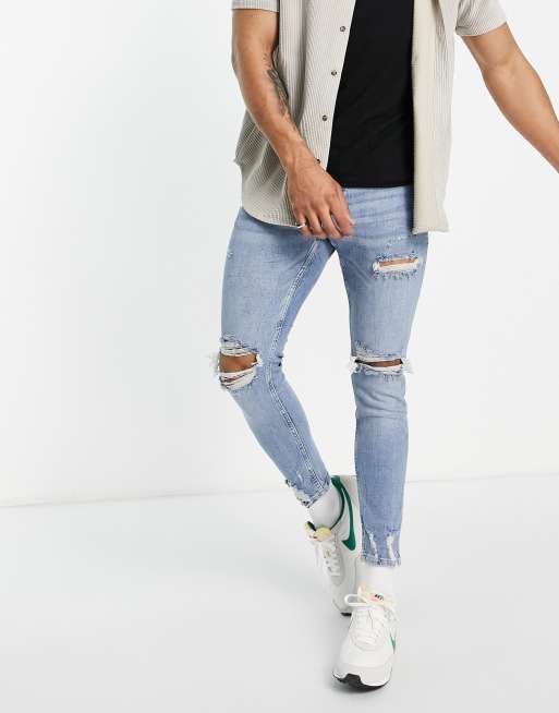 Pull&Bear – Mellanblå skinny jeans med revor