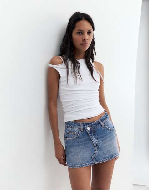 Pull&Bear – Mellanblå skort i denim med korsad design - view 1