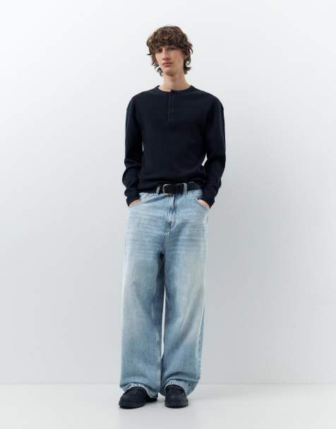 Pull&Bear – Mellanblå, superbaggy jeans med broderi - view 1