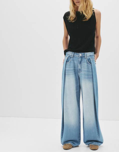 Pull&Bear – Mellanblå, veckade jeans i balloon fit - view 1