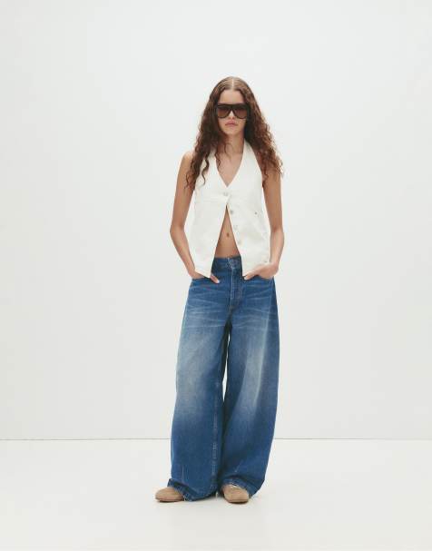 Pull&Bear - Mellemblå posede jeans med kontrasterende syninger - view 1