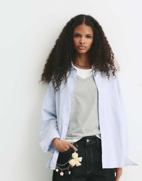 Pull&Bear - Mellemblå skjorte med smalle striber - view 1