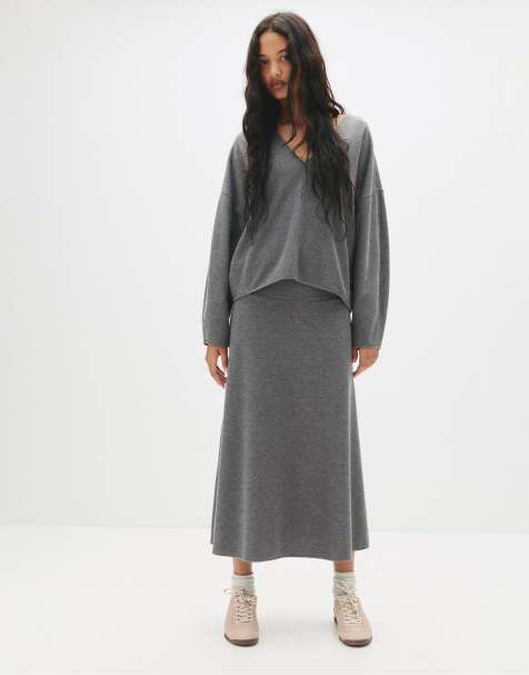 Pull&Bear - Mellemgrå midinederdel med blød finish - view 1
