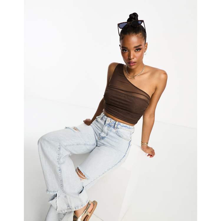 Pull Bear mesh detail one shoulder crop top in brown